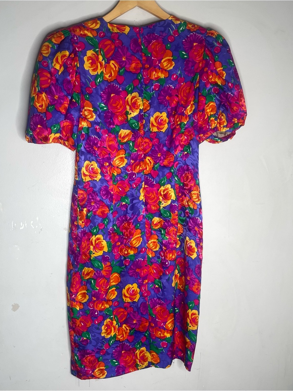 VTG 80s Adrianna Papell Silk Floral Dress Puff Sleeve Size 8 - Picture 3 of 6